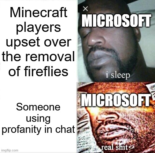 Minecraft chat now |  Minecraft players upset over the removal of fireflies; MICROSOFT; MICROSOFT; Someone using profanity in chat | image tagged in memes,sleeping shaq,minecraft,microsoft,profanity,chat | made w/ Imgflip meme maker