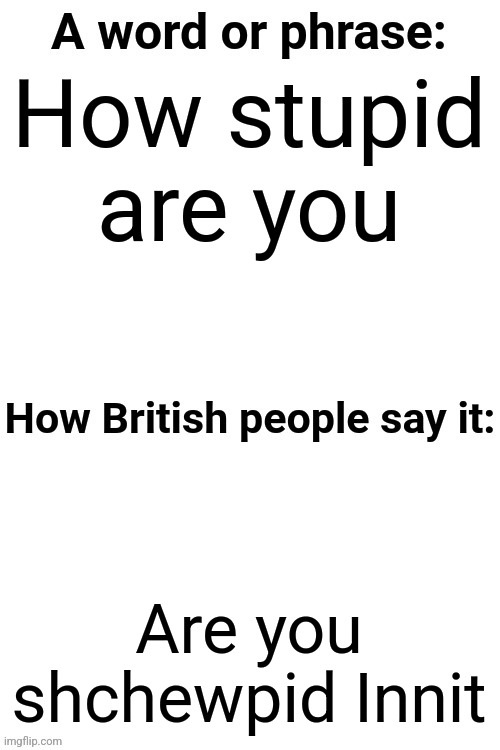 How British People Say It | How stupid are you; Are you shchewpid Innit | image tagged in how british people say it | made w/ Imgflip meme maker