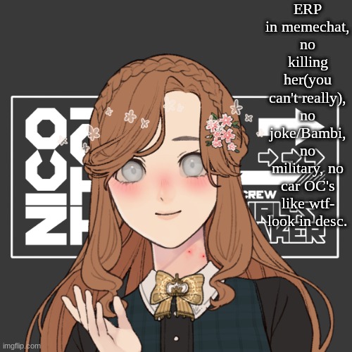 Rules in image, look in desc for RP prompt. | ERP in memechat, no killing her(you can't really), no joke/Bambi, no military, no car OC's like wtf-
look in desc. POV: You see her, wandering an old house, tyring to avoid windows and natural light, She looks blind so you walk up to her to help her around, she says she's alright and thanks you for trying to help. WDYD?? | image tagged in her name is lisa | made w/ Imgflip meme maker