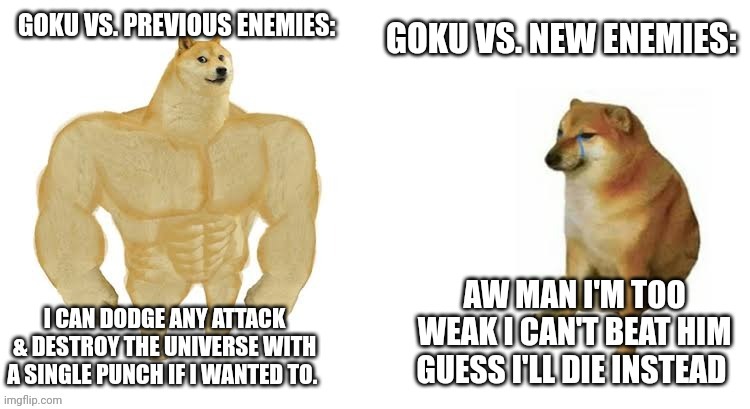 Goku vs other enemies be like..... | GOKU VS. PREVIOUS ENEMIES:; GOKU VS. NEW ENEMIES: | image tagged in dragon ball z,dragon ball super,goku | made w/ Imgflip meme maker