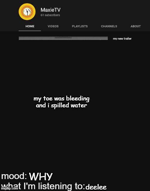 IT HURTS | my toe was bleeding and i spilled water; WHY; deelee | image tagged in new maxietv temp | made w/ Imgflip meme maker