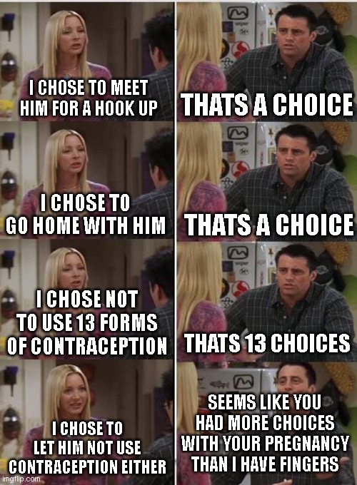 my body my 45 choices! | I CHOSE TO MEET HIM FOR A HOOK UP; THATS A CHOICE; I CHOSE TO GO HOME WITH HIM; THATS A CHOICE; I CHOSE NOT TO USE 13 FORMS OF CONTRACEPTION; THATS 13 CHOICES; SEEMS LIKE YOU HAD MORE CHOICES WITH YOUR PREGNANCY THAN I HAVE FINGERS; I CHOSE TO LET HIM NOT USE CONTRACEPTION EITHER | image tagged in phoebe joey | made w/ Imgflip meme maker