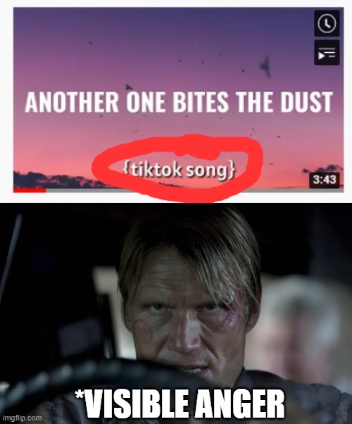ThIs Is NoT A TiKtOk SoNg | *VISIBLE ANGER | image tagged in angry and furious dolph lundgren of expendables,tiktok,tiktok sucks,another one bites the dust,why,anger | made w/ Imgflip meme maker