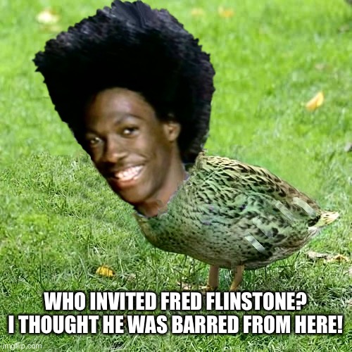 DuckWheat | WHO INVITED FRED FLINSTONE? I THOUGHT HE WAS BARRED FROM HERE! | image tagged in duckwheat | made w/ Imgflip meme maker