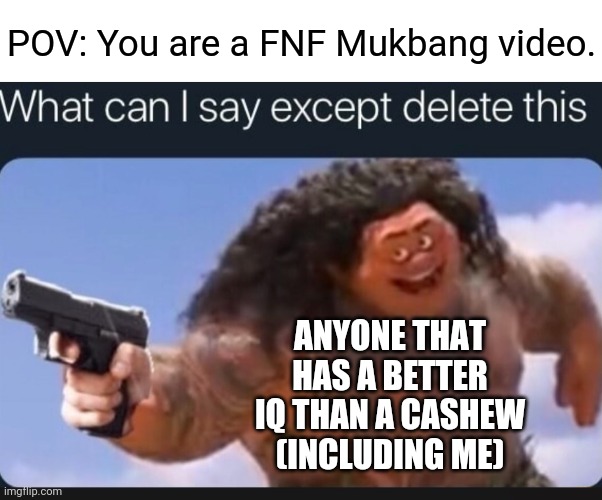 POV: You are a FNF Mukbang video. ANYONE THAT HAS A BETTER IQ THAN A CASHEW (INCLUDING ME) | image tagged in what can i say except delete this,friday night funkin | made w/ Imgflip meme maker