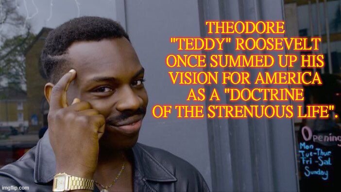 THEODORE "TEDDY" ROOSEVELT once summed up his vision for America... | THEODORE "TEDDY" ROOSEVELT
ONCE SUMMED UP HIS VISION FOR AMERICA
AS A "DOCTRINE OF THE STRENUOUS LIFE". | image tagged in memes,roll safe think about it | made w/ Imgflip meme maker