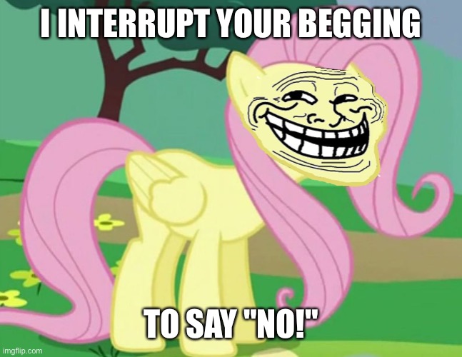 Fluttertroll | I INTERRUPT YOUR BEGGING TO SAY "NO!" | image tagged in fluttertroll | made w/ Imgflip meme maker