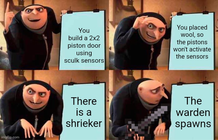 Building sculk piston doors in the deep dark be like: | You build a 2x2 piston door using sculk sensors; You placed wool, so the pistons won't activate the sensors; There is a shrieker; The warden spawns | image tagged in memes,gru's plan,door,minecraft | made w/ Imgflip meme maker