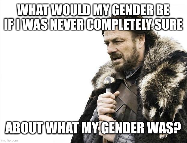 I know I said I wasn’t gonna post but I need some help | WHAT WOULD MY GENDER BE IF I WAS NEVER COMPLETELY SURE; ABOUT WHAT MY GENDER WAS? | image tagged in memes,brace yourselves x is coming,questioning,once,again | made w/ Imgflip meme maker