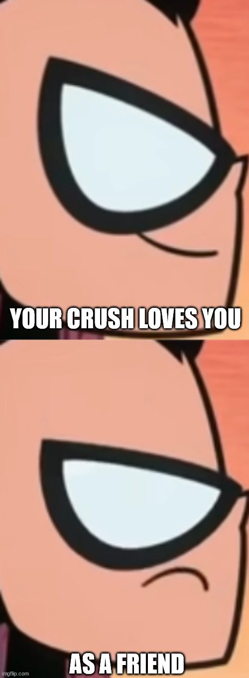 It isn't Robin's best day... | YOUR CRUSH LOVES YOU; AS A FRIEND | image tagged in robin,dc comics,teen titans go,dc | made w/ Imgflip meme maker