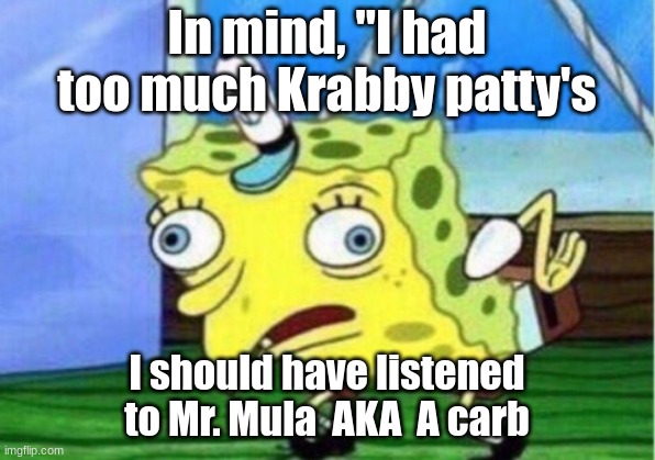 Mocking Spongebob | In mind, "I had too much Krabby patty's; I should have listened to Mr. Mula  AKA  A carb | image tagged in memes,mocking spongebob | made w/ Imgflip meme maker