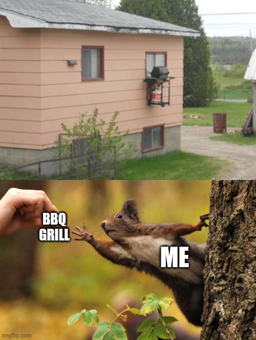 Bbq grill placement fail | BBQ GRILL; ME | image tagged in squirrel reaching for nut,bbq grill,bbq,grill,you had one job,memes | made w/ Imgflip meme maker
