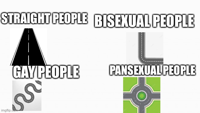 Lgbtq if it was roads | BISEXUAL PEOPLE; STRAIGHT PEOPLE; PANSEXUAL PEOPLE; GAY PEOPLE | image tagged in white box | made w/ Imgflip meme maker