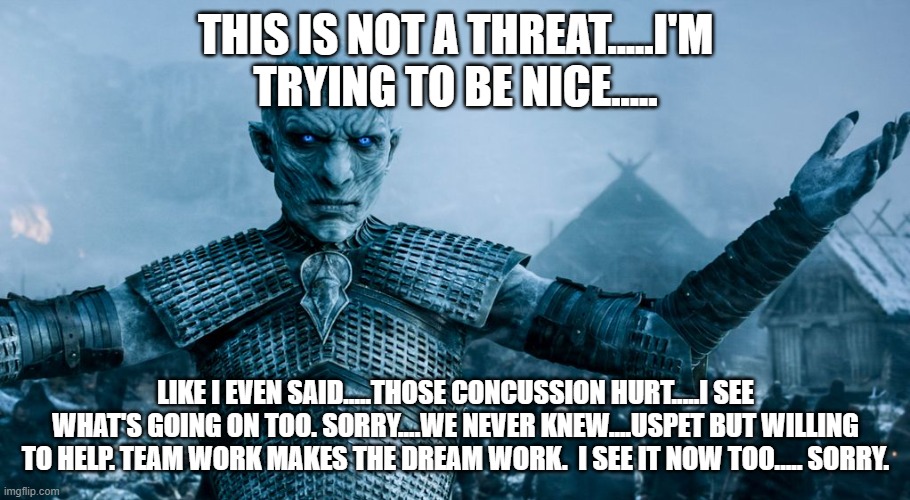 Game of Thrones Night King | THIS IS NOT A THREAT.....I'M TRYING TO BE NICE..... LIKE I EVEN SAID.....THOSE CONCUSSION HURT.....I SEE WHAT'S GOING ON TOO. SORRY....WE NE | image tagged in game of thrones night king | made w/ Imgflip meme maker