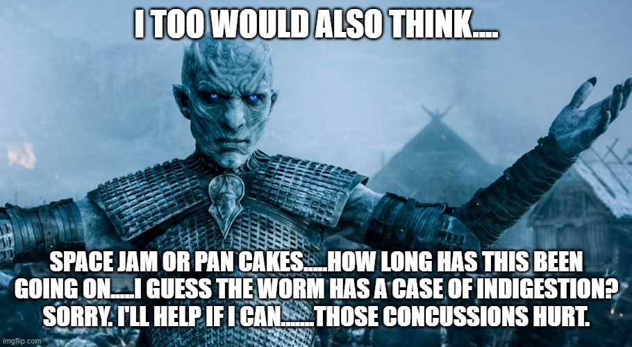 Game of Thrones Night King | I TOO WOULD ALSO THINK.... SPACE JAM OR PAN CAKES.....HOW LONG HAS THIS BEEN GOING ON.....I GUESS THE WORM HAS A CASE OF INDIGESTION? SORRY. | image tagged in game of thrones night king | made w/ Imgflip meme maker