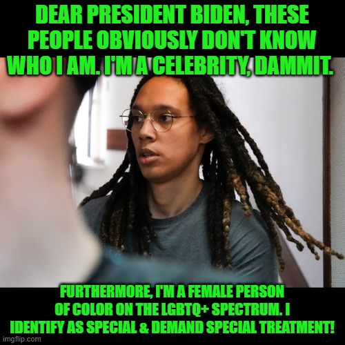 Yeah, that's pretty much what it sounded like. | DEAR PRESIDENT BIDEN, THESE PEOPLE OBVIOUSLY DON'T KNOW WHO I AM. I'M A CELEBRITY, DAMMIT. FURTHERMORE, I'M A FEMALE PERSON OF COLOR ON THE LGBTQ+ SPECTRUM. I IDENTIFY AS SPECIAL & DEMAND SPECIAL TREATMENT! | image tagged in griner,pity party | made w/ Imgflip meme maker