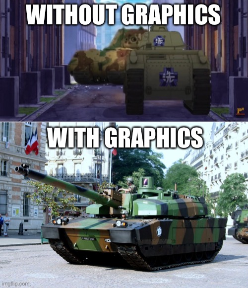 WITHOUT GRAPHICS WITH GRAPHICS | image tagged in gup tank meme,french tank | made w/ Imgflip meme maker