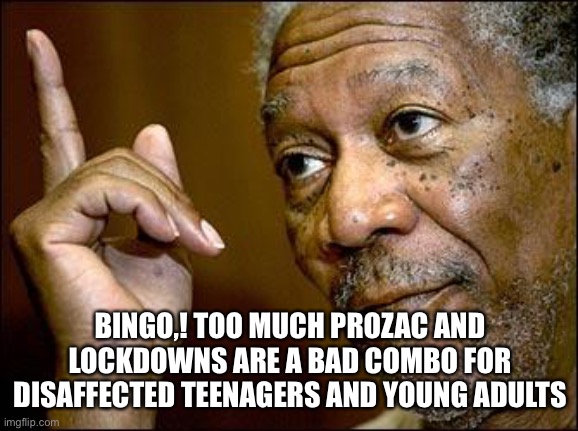 This Morgan Freeman | BINGO,! TOO MUCH PROZAC AND LOCKDOWNS ARE A BAD COMBO FOR DISAFFECTED TEENAGERS AND YOUNG ADULTS | image tagged in this morgan freeman | made w/ Imgflip meme maker