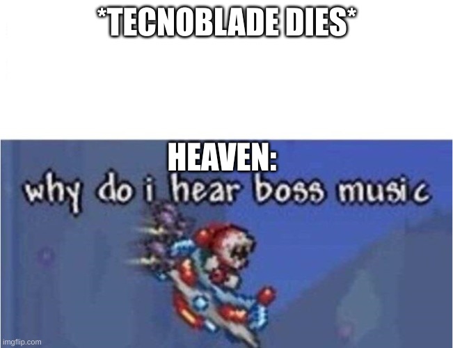 true | *TECNOBLADE DIES*; HEAVEN: | image tagged in why do i hear boss music | made w/ Imgflip meme maker