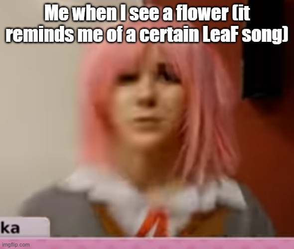 y'all know, right? | Me when I see a flower (it reminds me of a certain LeaF song) | image tagged in surprised natsuki | made w/ Imgflip meme maker
