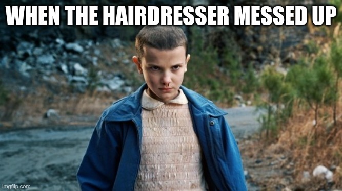 HE CUT IT OFF | WHEN THE HAIRDRESSER MESSED UP | image tagged in eleven stranger things,fun,stranger things,funny,memes | made w/ Imgflip meme maker
