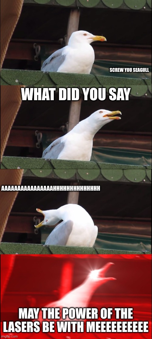 Inhaling Seagull Meme | SCREW YOU SEAGULL; WHAT DID YOU SAY; AAAAAAAAAAAAAAAAHHHHHHHHHHHHHH; MAY THE POWER OF THE LASERS BE WITH MEEEEEEEEEE | image tagged in memes,inhaling seagull | made w/ Imgflip meme maker