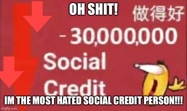 social credit -30 million | OH SHIT! IM THE MOST HATED SOCIAL CREDIT PERSON!!! | image tagged in social credit | made w/ Imgflip meme maker