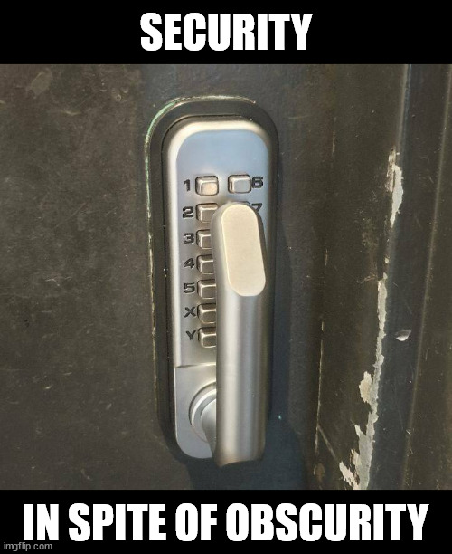 How not to get a handle on physical access control | SECURITY; IN SPITE OF OBSCURITY | image tagged in door,lock | made w/ Imgflip meme maker