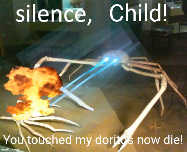 Silence Crab | Child! You touched my doritos now die! | image tagged in silence crab | made w/ Imgflip meme maker