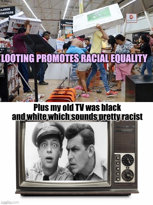 LOOTING PROMOTES RACIAL EQUALITY | image tagged in looters | made w/ Imgflip meme maker