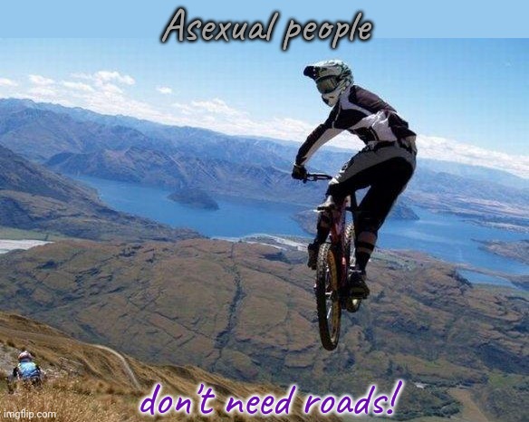 I don't have a car. | Asexual people; don't need roads! | image tagged in bikes don't need roads,bicycle,offroad,independence day | made w/ Imgflip meme maker