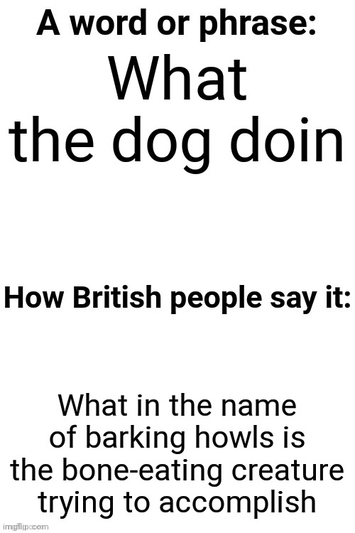 How British People Say It | What the dog doin; What in the name of barking howls is the bone-eating creature trying to accomplish | image tagged in how british people say it | made w/ Imgflip meme maker