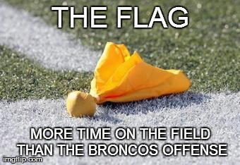 THE FLAG MORE TIME ON THE FIELD THAN THE BRONCOS OFFENSE | image tagged in the flag,funny,superbowl,football | made w/ Imgflip meme maker