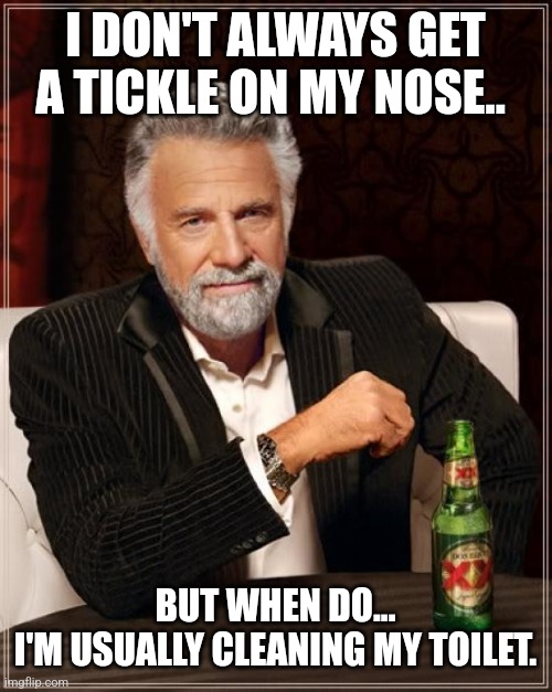 The Most Interesting Man In The World | I DON'T ALWAYS GET A TICKLE ON MY NOSE.. BUT WHEN DO...
I'M USUALLY CLEANING MY TOILET. | image tagged in memes,the most interesting man in the world | made w/ Imgflip meme maker