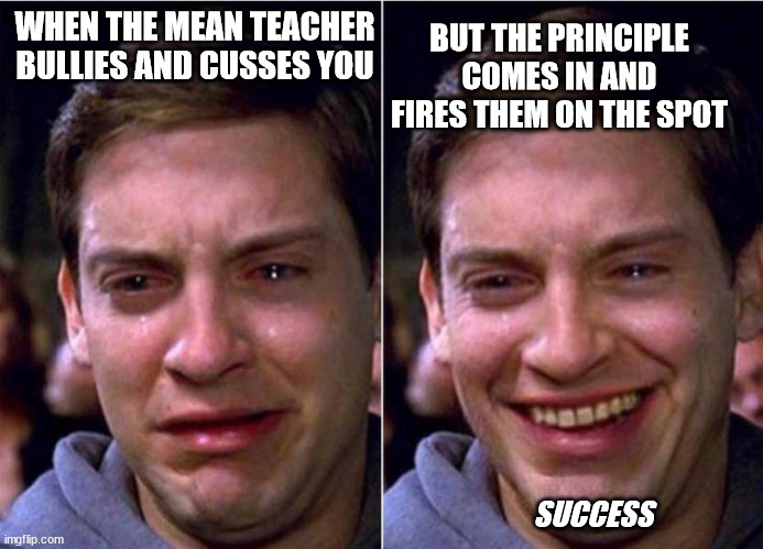 Mission failed successfully | BUT THE PRINCIPLE COMES IN AND FIRES THEM ON THE SPOT; WHEN THE MEAN TEACHER BULLIES AND CUSSES YOU; SUCCESS | image tagged in peter parker sad cry happy cry | made w/ Imgflip meme maker