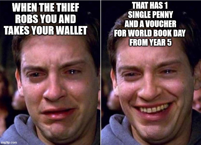 Broke life | THAT HAS 1 
SINGLE PENNY
 AND A VOUCHER 
FOR WORLD BOOK DAY 
FROM YEAR 5; WHEN THE THIEF ROBS YOU AND TAKES YOUR WALLET | image tagged in peter parker sad cry happy cry | made w/ Imgflip meme maker