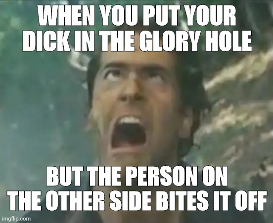 Agony Ash - Evil Dead | WHEN YOU PUT YOUR DICK IN THE GLORY HOLE; BUT THE PERSON ON THE OTHER SIDE BITES IT OFF | image tagged in agony ash - evil dead | made w/ Imgflip meme maker