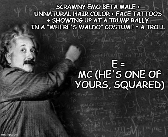 Einstein and blackboard | SCRAWNY EMO BETA MALE + UNNATURAL HAIR COLOR + FACE TATTOOS + SHOWING UP AT A TRUMP RALLY IN A "WHERE'S WALDO" COSTUME = A TROLL E = 
MC (HE | image tagged in einstein and blackboard | made w/ Imgflip meme maker