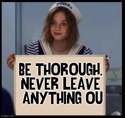 I Try Hard to be Accurate Making Memes, but... qué será, será |  BE THOROUGH. 
NEVER LEAVE 
ANYTHING OU | image tagged in vince vance,i tried,memes,robin stranger things meme,sailor girl,whiteboard | made w/ Imgflip meme maker