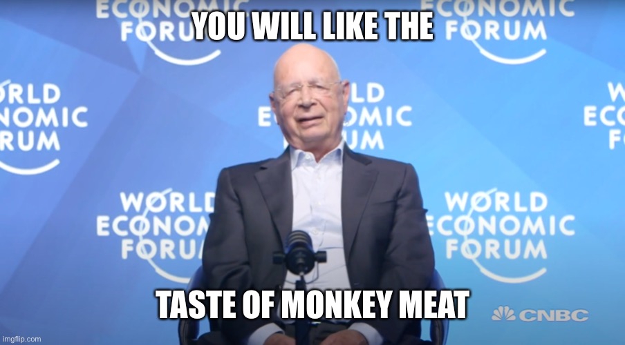 Klaus Schwab | YOU WILL LIKE THE TASTE OF MONKEY MEAT | image tagged in klaus schwab | made w/ Imgflip meme maker