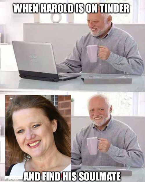 Harold meet Sebastiana | WHEN HAROLD IS ON TINDER; AND FIND HIS SOULMATE | image tagged in memes,hide the pain harold | made w/ Imgflip meme maker