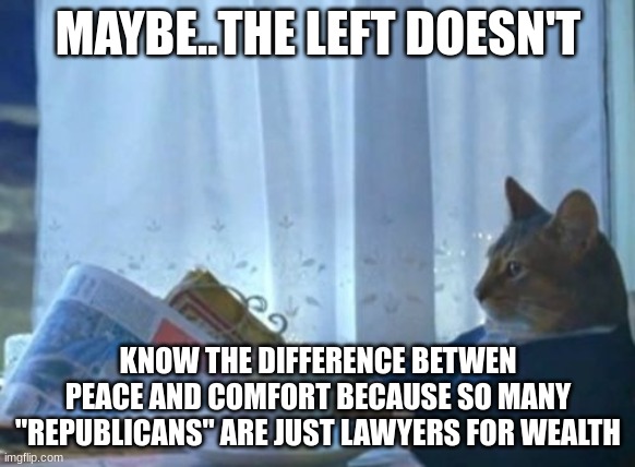 Or what have you.. | MAYBE..THE LEFT DOESN'T; KNOW THE DIFFERENCE BETWEN PEACE AND COMFORT BECAUSE SO MANY "REPUBLICANS" ARE JUST LAWYERS FOR WEALTH | image tagged in memes,i should buy a boat cat | made w/ Imgflip meme maker