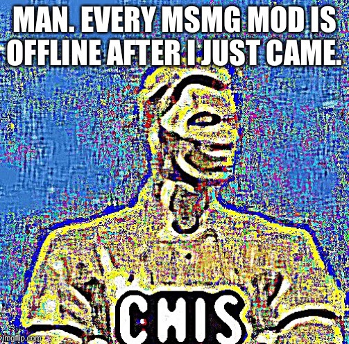 THERE'S NO MOD ONLINE | MAN. EVERY MSMG MOD IS OFFLINE AFTER I JUST CAME. | image tagged in c h i s | made w/ Imgflip meme maker