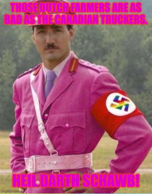 Gay Nazi Trudeau | THOSE DUTCH FARMERS ARE AS BAD AS THE CANADIAN TRUCKERS. HEIL DARTH SCHAWB! | image tagged in memes,trudeau,bad | made w/ Imgflip meme maker