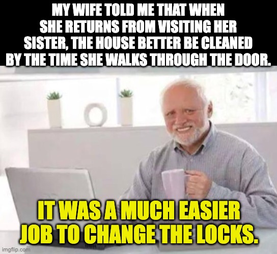 Work smarter | MY WIFE TOLD ME THAT WHEN SHE RETURNS FROM VISITING HER SISTER, THE HOUSE BETTER BE CLEANED BY THE TIME SHE WALKS THROUGH THE DOOR. IT WAS A MUCH EASIER JOB TO CHANGE THE LOCKS. | image tagged in harold | made w/ Imgflip meme maker