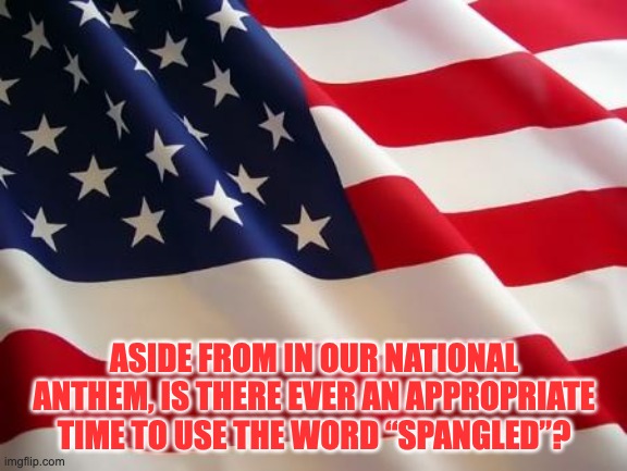 Spangled | ASIDE FROM IN OUR NATIONAL ANTHEM, IS THERE EVER AN APPROPRIATE TIME TO USE THE WORD “SPANGLED”? | image tagged in american flag | made w/ Imgflip meme maker