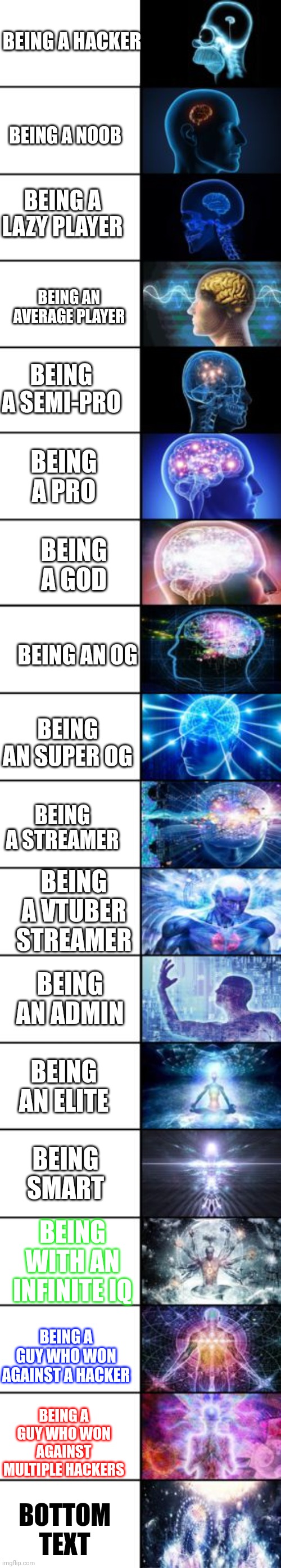 Expanding Brain longest version | BEING A HACKER; BEING A NOOB; BEING A LAZY PLAYER; BEING AN AVERAGE PLAYER; BEING A SEMI-PRO; BEING A PRO; BEING A GOD; BEING AN OG; BEING AN SUPER OG; BEING A STREAMER; BEING A VTUBER STREAMER; BEING AN ADMIN; BEING AN ELITE; BEING SMART; BEING WITH AN INFINITE IQ; BEING A GUY WHO WON AGAINST A HACKER; BEING A GUY WHO WON AGAINST MULTIPLE HACKERS; BOTTOM TEXT | image tagged in expanding brain longest version | made w/ Imgflip meme maker