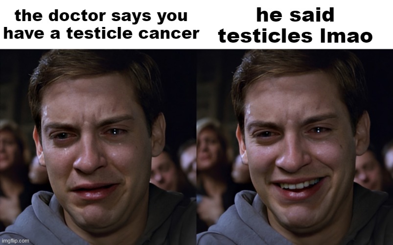 when you have a balls cancer | the doctor says you have a testicle cancer; he said testicles lmao | image tagged in memes,funny,funny memes,dank memes,peter parker cry,funny meme | made w/ Imgflip meme maker