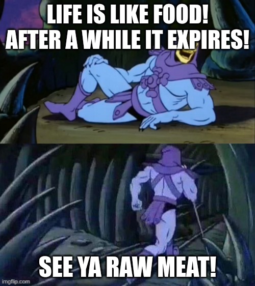 Life is like food! | LIFE IS LIKE FOOD!
AFTER A WHILE IT EXPIRES! SEE YA RAW MEAT! | image tagged in skeletor disturbing facts | made w/ Imgflip meme maker