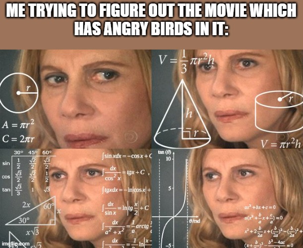 Dumb me lol | ME TRYING TO FIGURE OUT THE MOVIE WHICH
HAS ANGRY BIRDS IN IT: | image tagged in calculating meme,memes,meme,angry birds | made w/ Imgflip meme maker